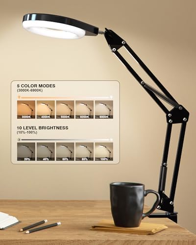 Magnifying Glass with Light, 10X/5X Lens, Dimmable LED, Swing Arm,White