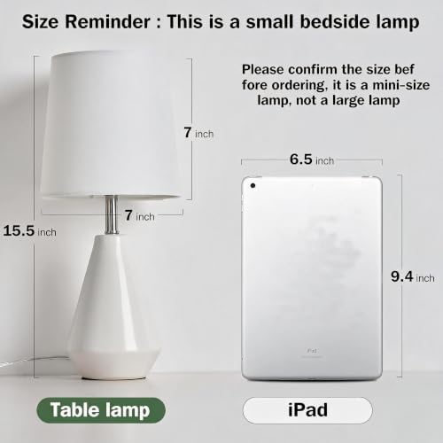Small Bedside Table Lamp for Bedroom - Reading Desk Lamp with 3 Color Temperatures，15.5" Nightstand Ceramic Lamp with Fabric Shade for Kids Room,Living Room,Dorm,Home Office (White)