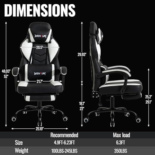 Massage Gaming Chair, Big & Tall with Lumbar Support & Footrest, White