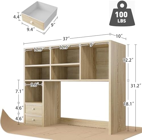 REIBII Desktop Bookshelf, 8 Shelves Desk Hutch for Dorm Room, Natural