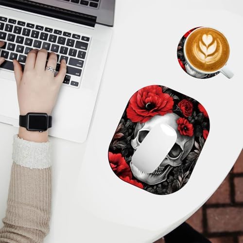 Small Mouse Pad，Mini Mouse Pad 6 x 7 Inch，for Laptop Keyboard Tray Wireless Mouse Home Office Travel，with Non-Slip Rubber Base, Waterproof Mouse Mat，Skull with Red Flowers