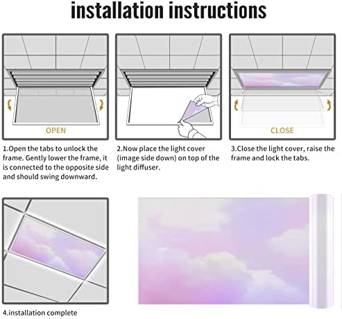 Fluorescent Light Cover Decorative Ceiling Light Filters,Sky and Clouds Pattern,for Classroom Office Hospitals Home Ceiling Decorative,2ft x 4ft,Pink Purple