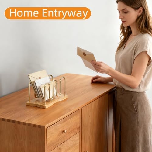 Mail Holder Organizer Countertop, Metal Letter Holder Sorter (Bamboo)