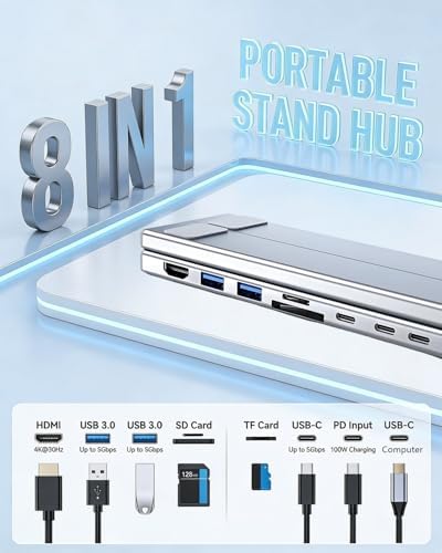 USB C Laptop Stand with Docking Station,8 in 1 Hub Laptop Stand Foldable Computer Riser with 4K HDMIPD 100W Dual Data Ports Multiport Adapter for Notebook Tablet,Portable Height Adjustable Holder