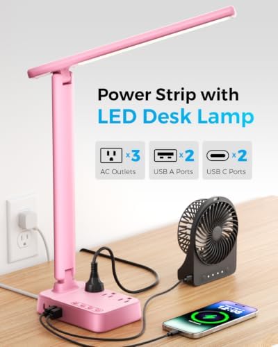 LED Desk Lamp with Power Strip, 3 AC Outlets, 4 USB Ports, Stepless Dimming
