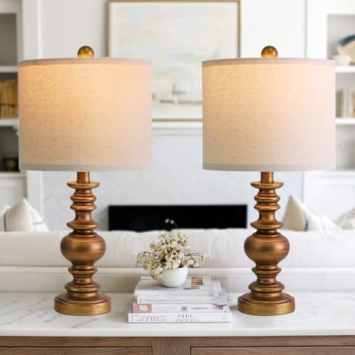BOBOMOMO 20" Antique Gold Table Lamps Set of 2 – Handcrafted Vintage Bedside Lamps with Linen Shades, Elegant Farmhouse Lamps for Bedroom, Living Room, or Entryway – Perfect for Compact Spaces