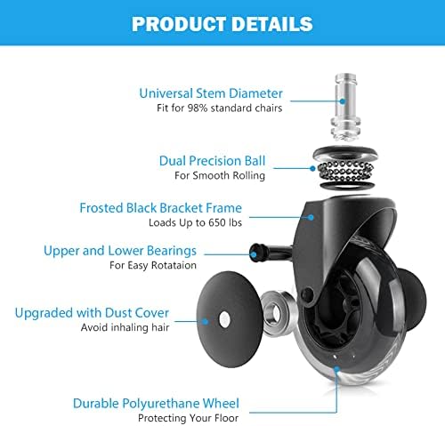 Hirate 3" Office Chair Caster Wheel 5 Pack Universal Fit 7/16" x 7/8"