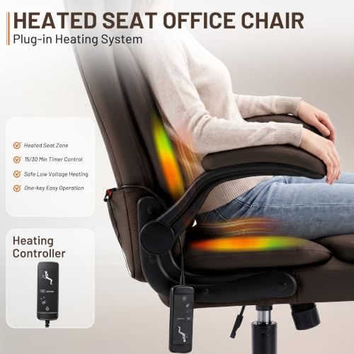 Heated Office Chair, Reclining Desk Chair with Constant Warm Heat, Big and Tall Executive PU Leather Chairs for Heavy People, Ergonomic Wider & Thicker Seat Cushion Gaming Chairs (Dark Brown)