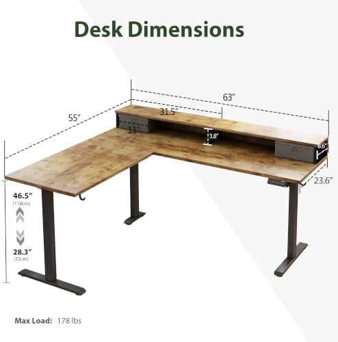 Agilestic 63 Inch L Shaped Electric Standing Desk with Drawer, Rustic Brown
