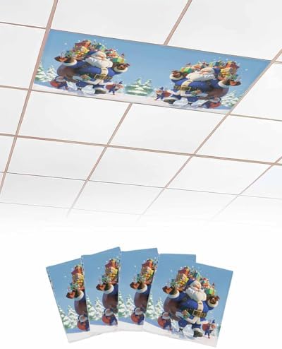 Blue Santa Claus Magnetic Fluorescent Light Covers for Ceiling Lights 2 x 4 Feet,Christmas Tree Forest Snowy Xmas Tree Office Classroom Kitchen Drop Ceiling Light Covers Filters Shade Panel 4 Packs