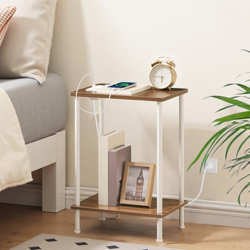 HOOBRO Side Table with Charging Station, End Table with USB Port and Outlets, Nightstand with 2-Layer Storage Shelves for Small Spaces, Living Room, Bedroom, Walnut and White WH09UBZ01