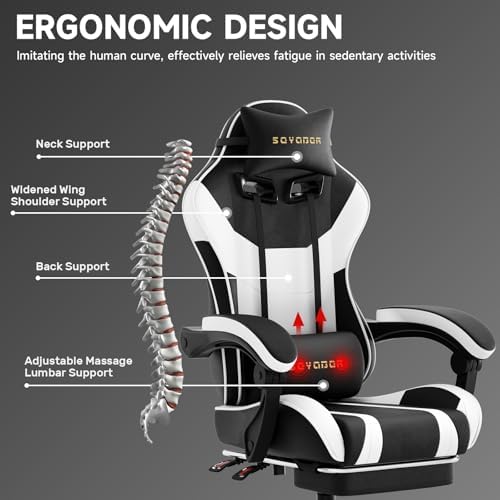 Ergonomic Gaming Chair,A Versatile 3-in-1 Video Game Chair for Work, Study, and Gaming,Features an Adjustable Backrest, Footrest, and Linked Armrests Office Chair for Adults,Blackwhite