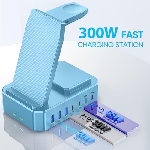 300W Charging Station for Multiple Devices Apple, Zutspzss 10 in 1 Wireless Charger for iPhone 16, GaN III USB C 65W PD Fast Charging Stand Dock for Apple Watch&Airpods,Blue