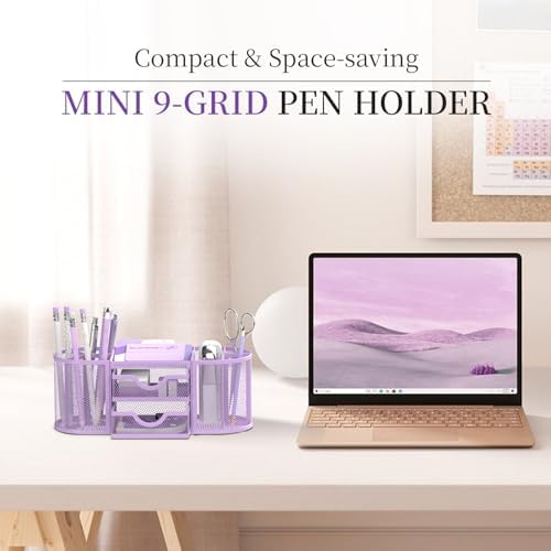 SUPEASY Mesh Desk Organizer, Pen Holder for Desk with 2 Drawers, Purple
