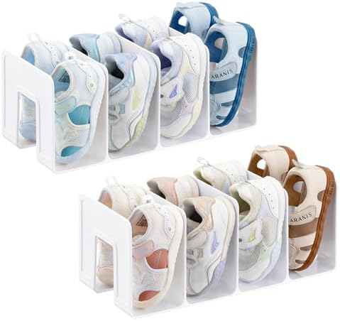 HBlife White Acrylic Kids Shoe Rack for Closet Organizers and Storage, Small Shoe Rack 4 Sections Toddler Baby Shoe Storage Organizer Stackable Shoe Shelf,Desk File Sorter Book Purse Organizer(2 Pack)