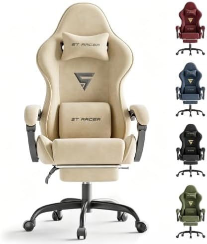 Soontrans Beige Velvet Gaming Chair with Footrest, Ergonomic Reclining Computer Desk Chair, Massage Lumbar Cushion & Headrest, Comfortable Video Game Chair for Adults