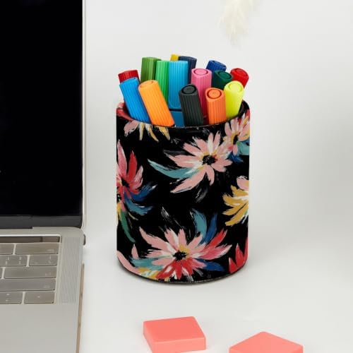 Leather Pen Holder for Desk, Multicolor Floral Pencil Cup Pen Organizer Makeup Brush Holder for Office Home Kids Countertop Desk Accessory Storage