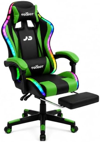 Redeer Led RGB Gaming Chair with Speakers Massage & Footrest, Reclining Gamer Chair for Adults, Video Game Chairs with Canopy, Heavy Duty Gaming Chair Massage, 350LBS Green