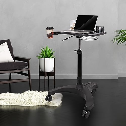 EHO Mobile Laptop Standing Desk Carts on Wheels with Stationery Storage, Pneumatic, Height Adjustable Rolling Stand, Sit to Stand Computer Cart, Workstation for Home, Office, Medical and School