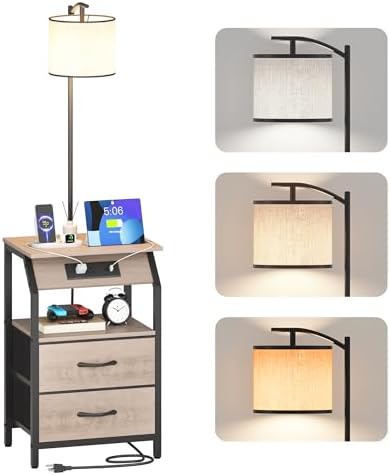 End Table with Floor Lamp, Nightstand with Charging Station, Floor Lamp Table with 3-Color Temperature Bulb, Bedside Table Night Stand with 2 Drawers for Bedroom, Living Room, Greige