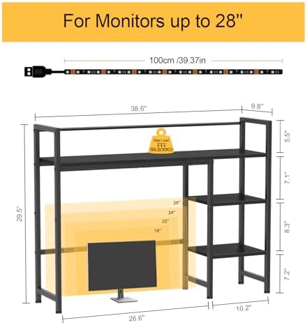 Snughome Desk Shelf with LED Strip, 38.6" Desktop Organizer Shelf, Desk Hutch for Computer Monitor, 4 Tier Desk Display Rack, Wood Desktop Bookshelf Storage Rack for Home Office Dorm