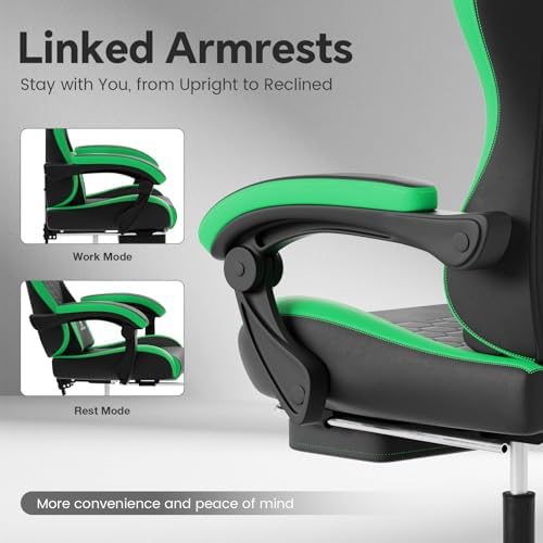 Gaming Chair, Computer Office Chair with Footrest, Adjustable Height & Backrest Gaming Chairs with Swivel for Adults, High Back PU Leather Ergonomic Chair with Lumbar Support, Blackgreen