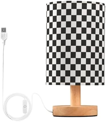 Bedside Lamp Black White Checkered Pattern Table Lamp for Bedroom LED Nightstand Lamp Shade USB Ports Wood Base for Living Room Dorm Office
