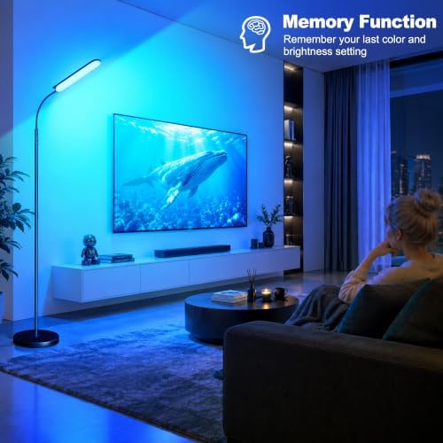 Yikuneng Floor Lamps, RGB Color Changing Dimmable LED Floor Lamp with Stepless Adjustable 2700K-6500K, Smart Remote Control Modern Standing Floor Lamp for Bedroom, Reading, Gaming Room