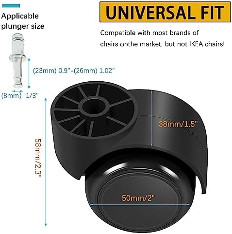 2 Inch Black Silent Office Chair Wheels Replacement - Stemless Casters for Furniture, 5PCS/Pack