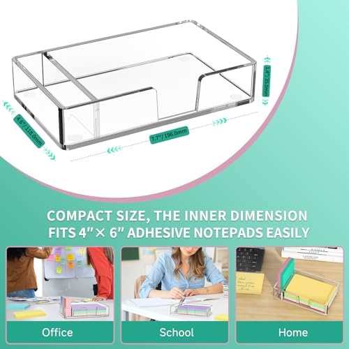 Sticky Note Holder with Pen Slot, Crystal Clear Acrylic Notepad Holder 4x6 in Self-Stick Note Dispenser Office Desk Accessories, Memo Pad Holder Organizer for Classroom School Supplies
