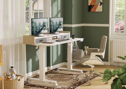Claiks Standing Desk with Drawers & Wheels, 2 Height Shelf 59inch White