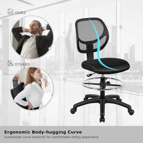 GIANTEX Tall Office Chairs Set of 2, Drafting Chair with Back, Height Adjustable Home Office Chair on Wheels, Ergonomic Computer Standing Desk Chair with Footrest Ring for Bedroom, Black