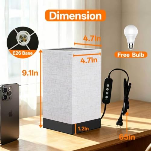 Bedside Table Lamp, 9W EyeCare LED Night Light, 3 Color Temp & Stepless Dim