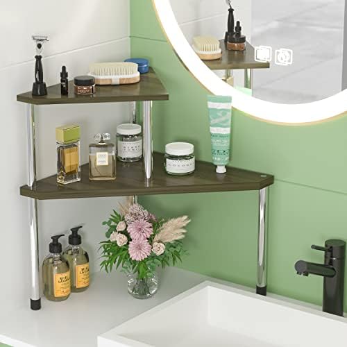 Weenson Bathroom Counter Organizer Corner Shelf - 2 Tier Bathroom Organization Bamboo Bathroom Sink Shelf Kitchen Countertop Organizer Adjustable Free-Standing Counter Storage Shelf(Antique)