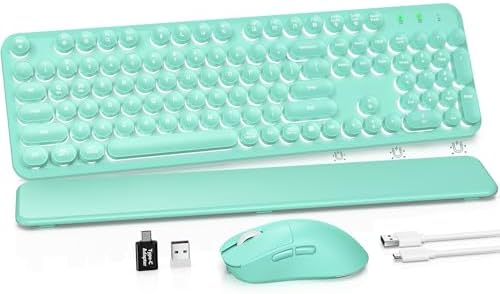 Wireless Keyboard and Mouse Combo, Backlit Round Keycaps, Retro Typewriter Keyboard with Detachable Wrist Rest, Rechargeable & Tilt Legs, 2.4GHz Cordless Connection for Windows/PC (Glowing Turquoise)