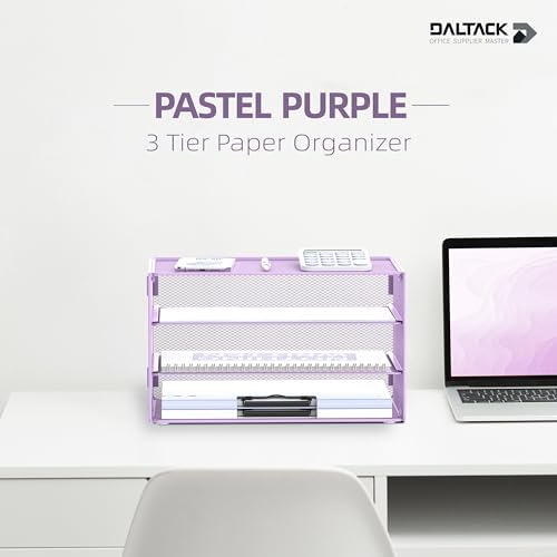 DALTACK 3 Tier Letter Tray Paper Organizer with Sliding Mesh Trays Purple