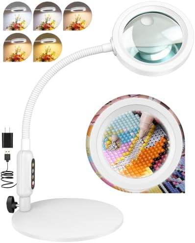 30X 10X Magnifying Glass with Light and Stand, 5 Color Modes Stepless Dimmable, Optical Grade HD Lens, LED Lighted Magnifier Hands Free with 20.5in Flexible Gooseneck for Close Work - White