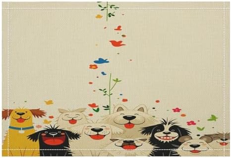 Cute Dogs Floral Linen Placemats Set of 1PCS, Heat Resistant Non-Slip Washable Table Placemats for Dining Everyday Use Hotel Banquet Home Decor