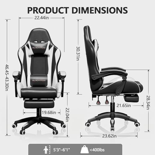Mr IRONSTONE Gaming Chair with Footrest, Ergonomic Reclining Gamer Chair with Lumbar Support & Massage, High Back Racing Style Video Game Chair, Adjustable Headrest, Swivel Desk Chair, Black