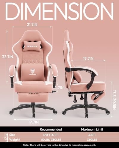 Dowinx Gaming Chair Breathable Fabric Game Chair with Gel Pad and Storage Bag, Comfortable Gamer Chair with Pocket Spring Cushion, Ergonomic Computer Chair with Footrest, Pink and White