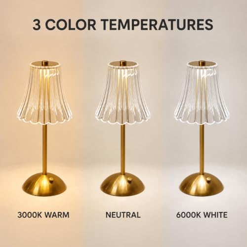 Cordless Table Lamps for Home,Table,Dining Room, Gold Rechargeable Lamps, USB Charge 12'' Tall LED Brass Portable Outdoor Indoor Table Lamp with Built-in Dimmer (Clear)