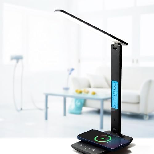 AYI Multi-Functional Desk Lamp 10W Qi Wireless Charger 3 Color Modes 5 Brightness Levels Eye-Caring LED Light Faux Leather Finish Calendar Temperature Display Office Table Lamp TX26 Black.