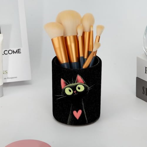 Leather Pen Holder for Desk, Cat Heart Pencil Cup Pen Organizer Makeup Brush Holder for Office Home Kids Countertop Desk Accessory Storage