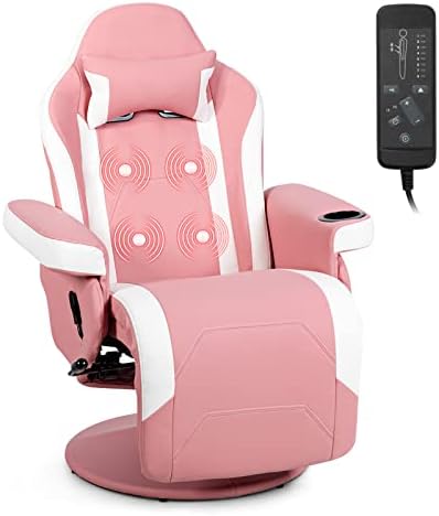 GYMAX Gaming Chair with Footrest, Massage Video Game Chairs for Adults with Remote, Adjustable Backrest, Headrest, Cup Holder & Side Pocket, Ergonomic High Back Office Computer Chair (Pink)