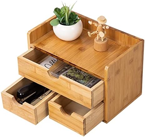 Rustic Bamboo Desk Organizer with Drawers,3-Drawer Desktop Storage Box
