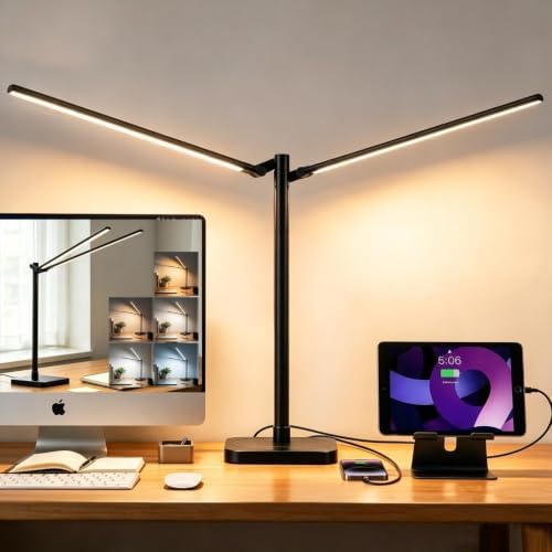 Desk Lamp for Office Home Dual Head 24W Swing Arm Reading Table Lamp Black