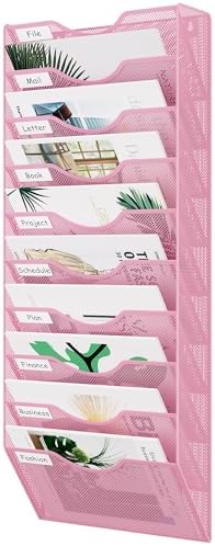 EasyPAG 10 Pocket Mesh Wall File Organizer, Hanging Paper Folder Holder with Classify Label, Vertical Wall Mount Mail Organizer for Office Home Classroom, Pink