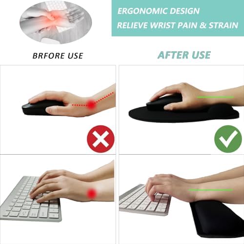 Keyboard Wrist Rest Pad Mouse Pad with Wrist Support Set of 3, Mousepad with Non-Slip Rubber Base, Ergonomic Memory Foam Mouse Wrist Cushion Support for Home Office Laptop Computer Gaming, Black