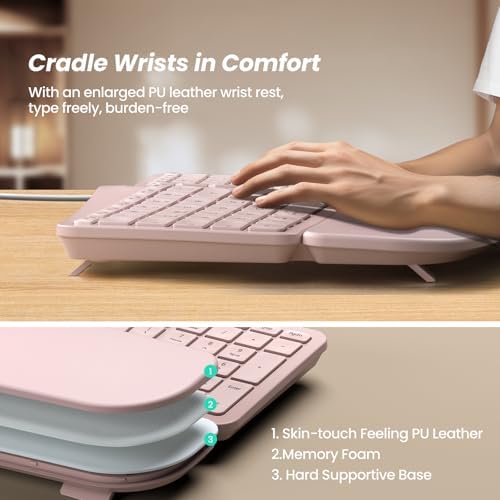 Nulea RT05C Wired Ergonomic Keyboard, Split Keyboard with Cushioned Wrist Rest, Adjustable Tilt Legs, Plug and Play, USB Corded, Compatible with Windows/Mac (Pink)