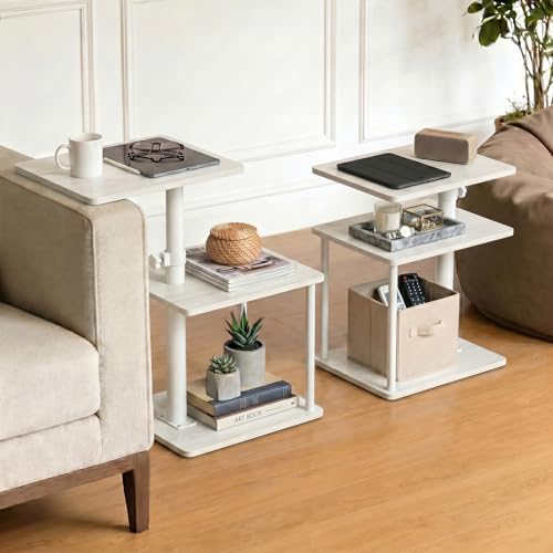 Faesun Swivel Side Table for Couch Arm, Adjustable C End Table for Recliner or Bed, Tv Trays with Storage Shelf for Small Spaces Small Nightstand Table for Living Room, Bedroom，2pc